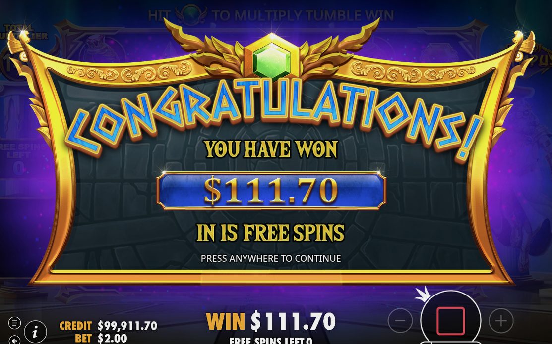 Win total shown after the tumble steps